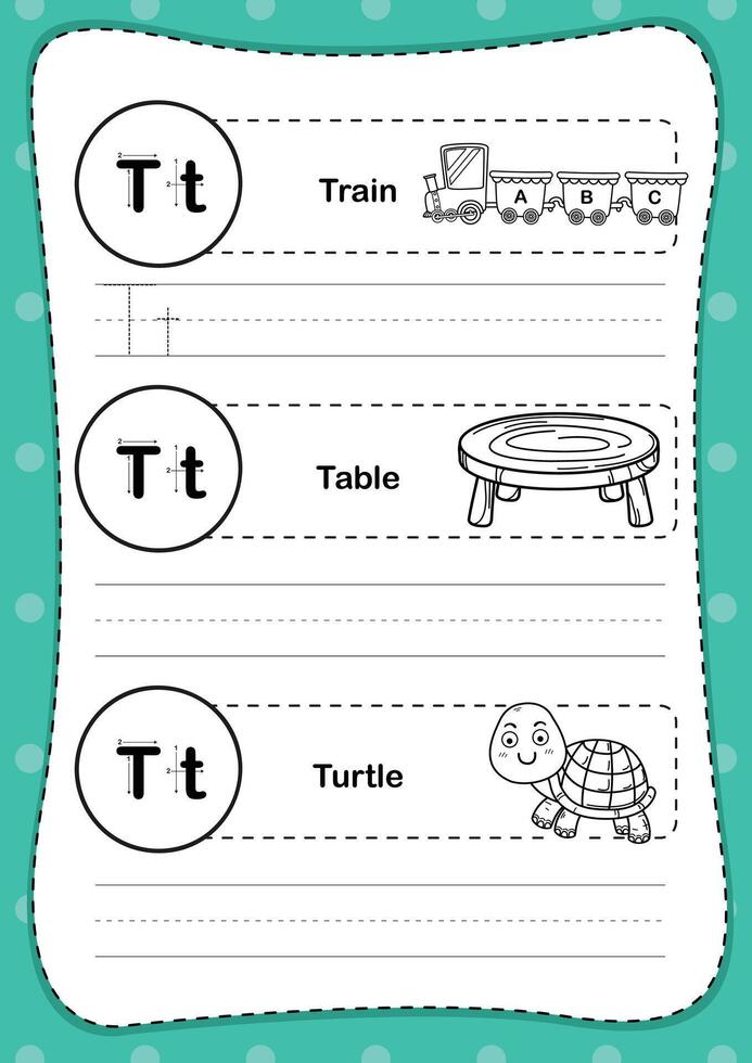 Alphabet letter T exercise with cartoon vocabulary for coloring book illustration, vector