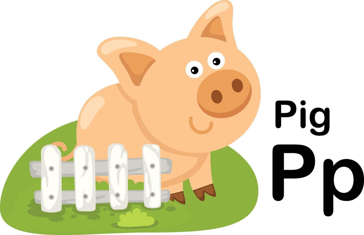 Alphabet Letter P-Pig with cartoon vocabulary illustration, vector