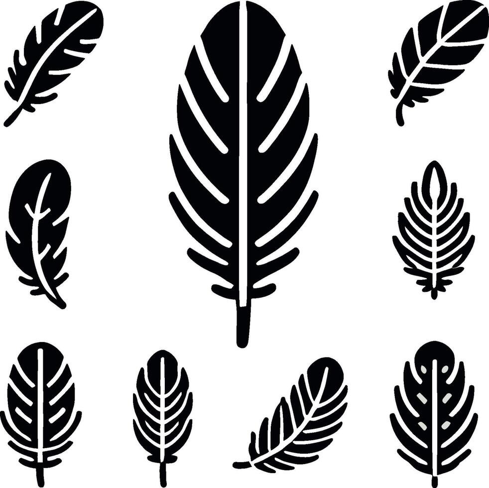Feather icon set. Collection of black feathe on isolated background. Minimalist illustration. vector