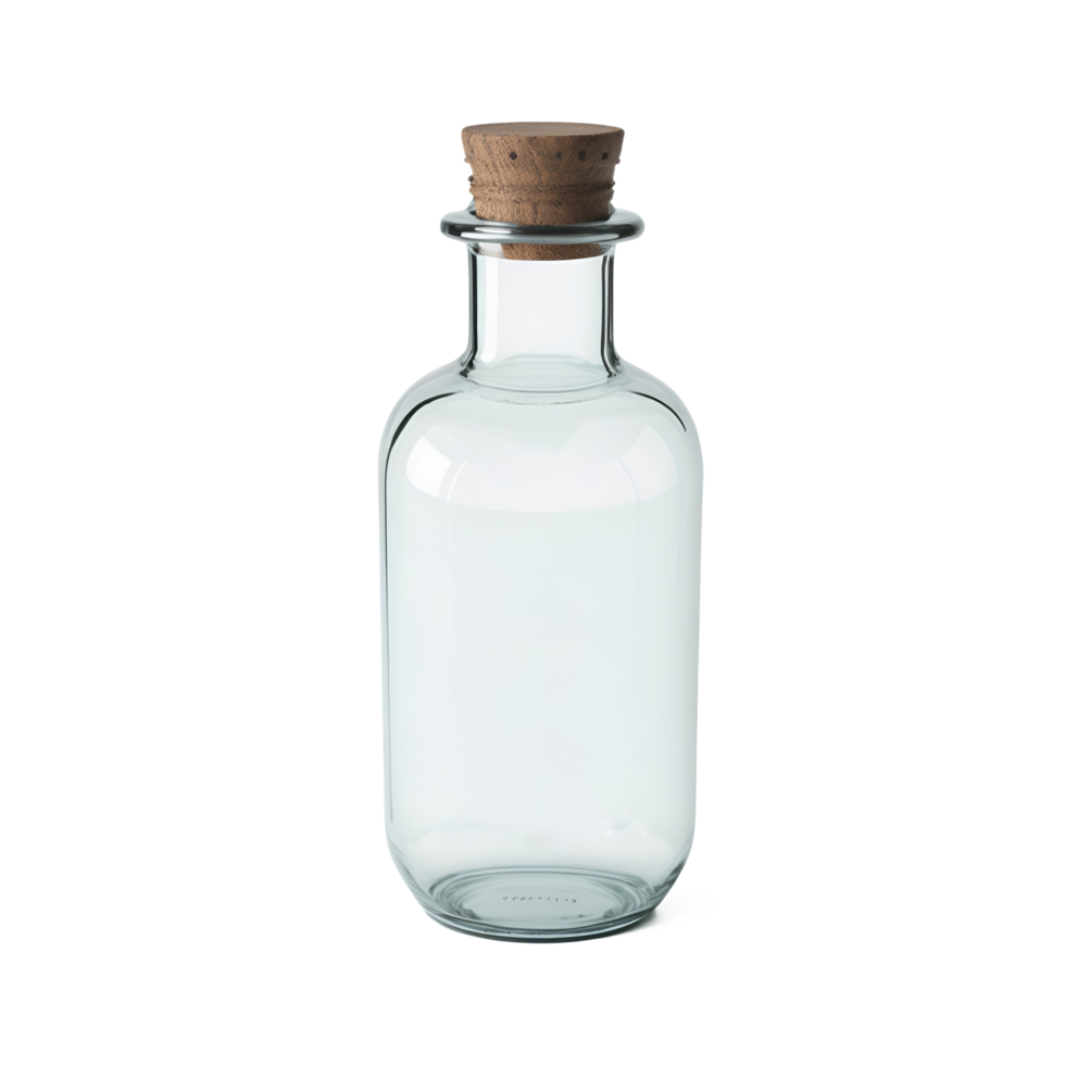 A clear glass bottle with a cork top png