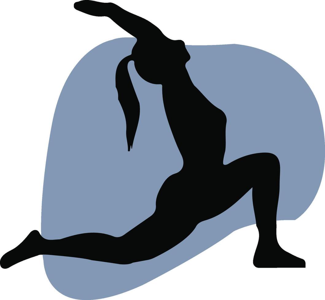 Abstract modern yoga stretch silhouette icon featuring a woman on a blue backdrop, emphasizing fitness, wellness, meditation, relaxation, and health-related gymnastics vector