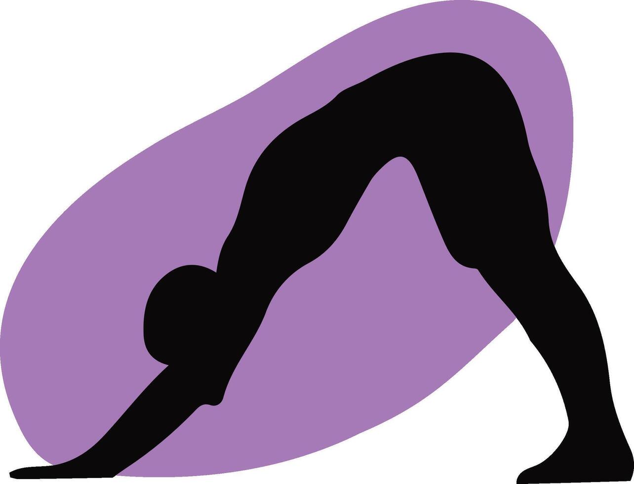 Stylized yoga pose silhouette with a purple design, highlighting fitness icons, health and wellness, stretching exercises, relaxation, meditation, and gymnastics concepts vector