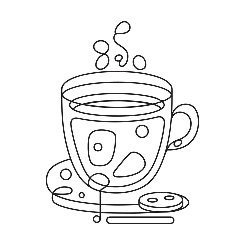 Coffee cup outline. Continuous line drawing with cup of coffee and coffee beans. Breakfast outline illustration. Line art for cafe vector