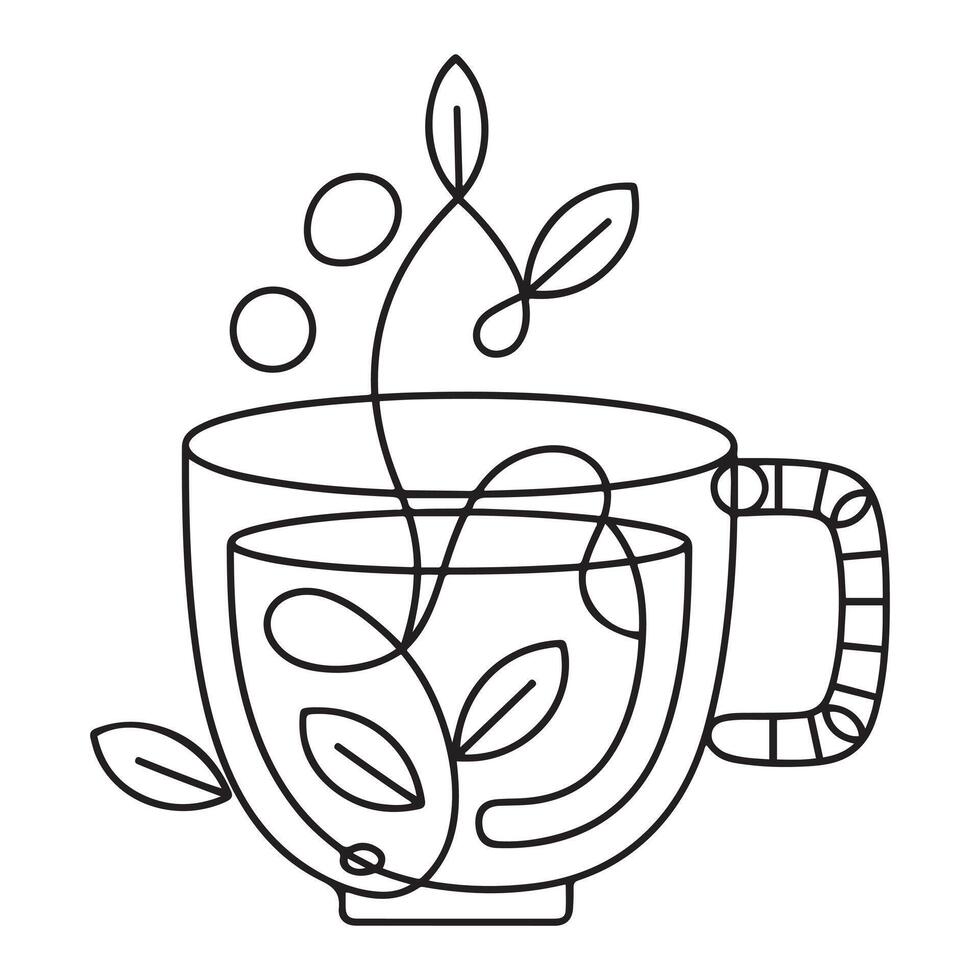 Coffee cup outline. Continuous line drawing with cup of coffee and coffee beans. Breakfast outline illustration. Line art for cafe vector