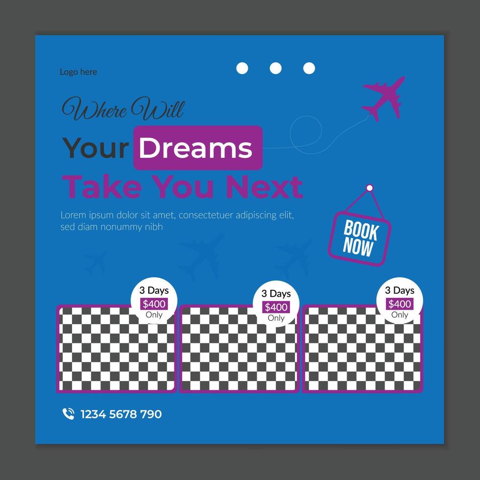 Travels social media post design template, tourist social media post design template vector