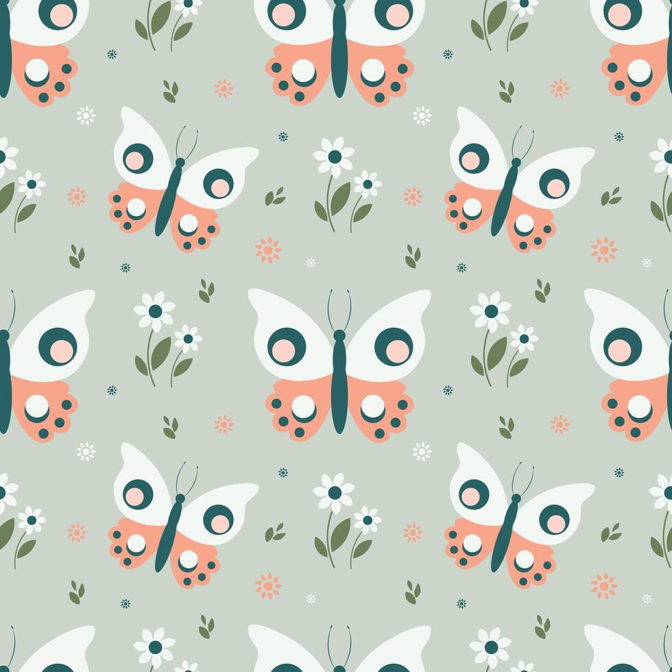 Seamless pattern with butterflies and flowers on a gray background vector