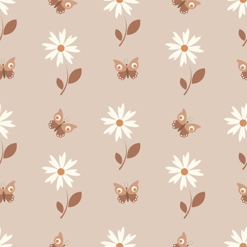 Seamless pattern with flowers and butterflies on a beige background vector