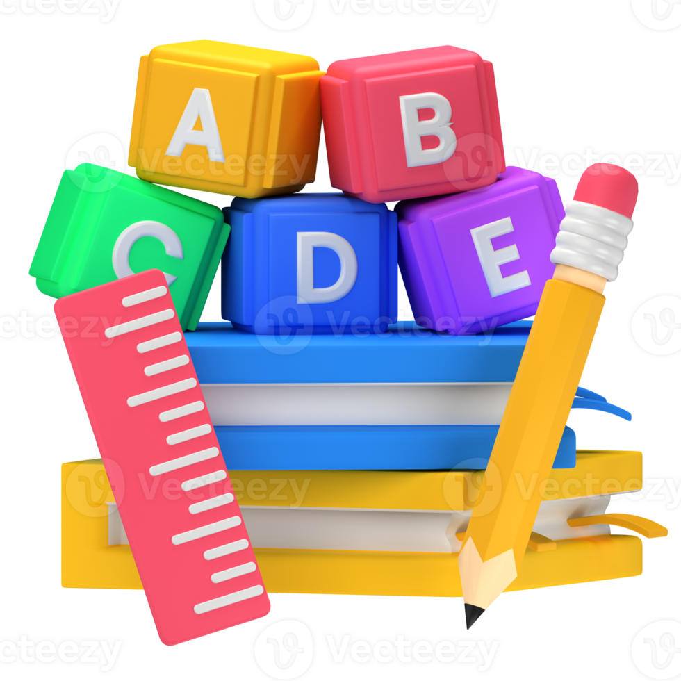 3d illustration alphabet block books ruler and pencil isolated on the transparent background png