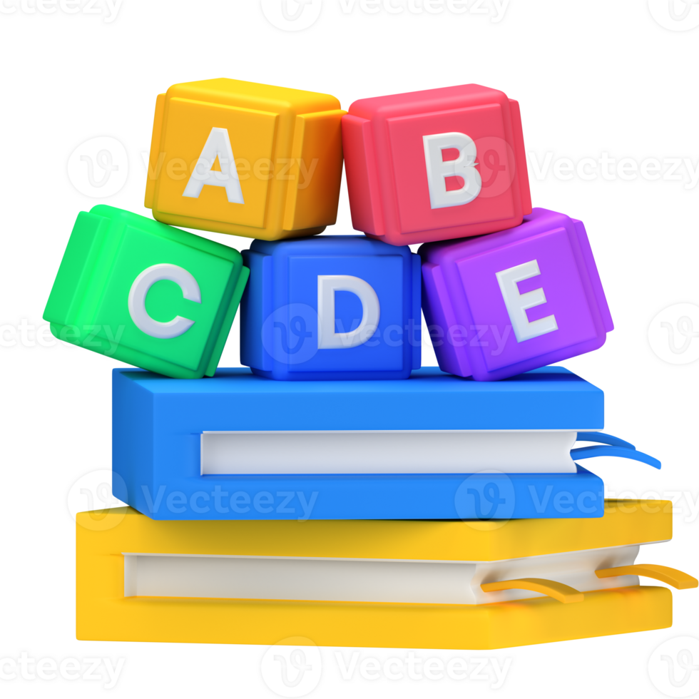 3d illustration books and alphabet block isolated on the transparent background png