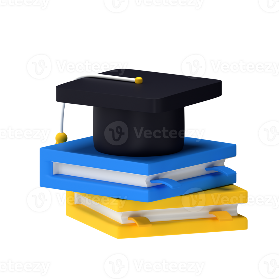 3d illustration books and toga hat isolated on the transparent background png