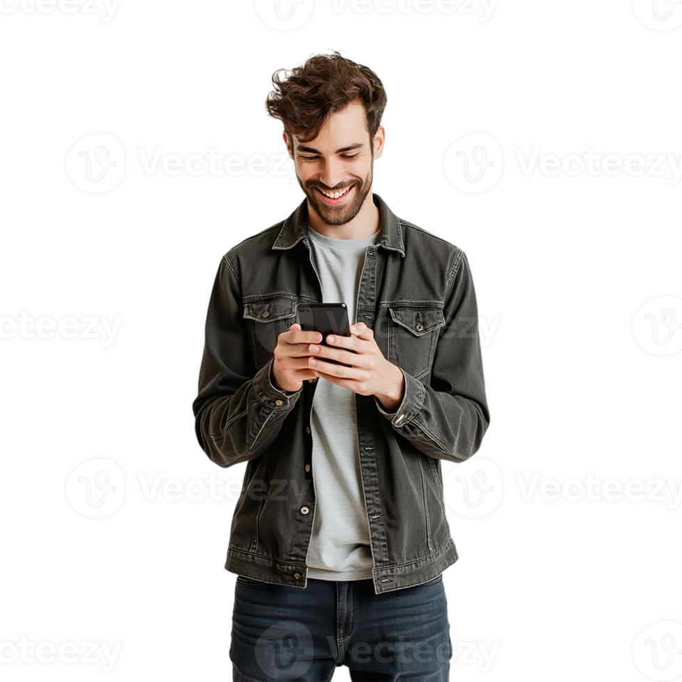 Young man standing, looking at screen of phone with smile on a transparent background. png