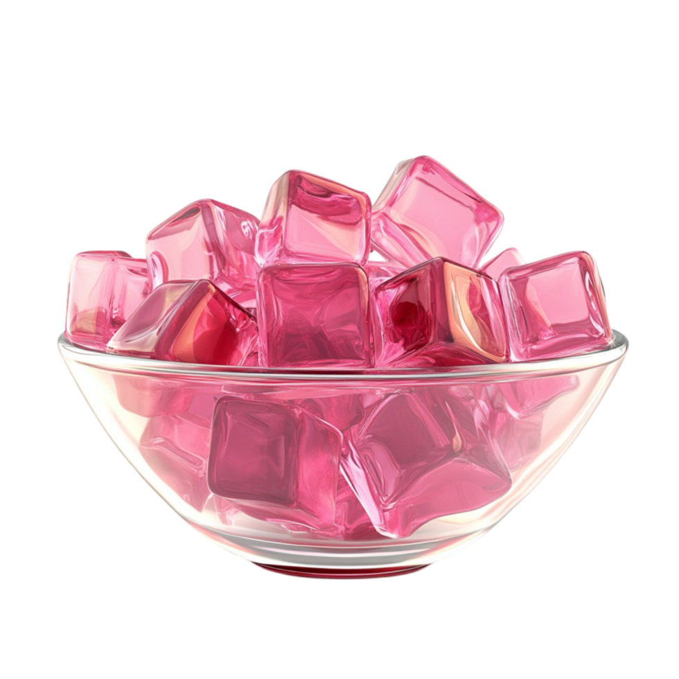 a bowl of pink ice cubes in a clear bowl transparent background. png