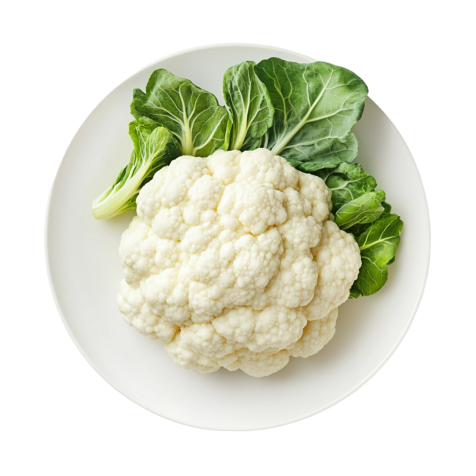 a white plate with cauliflower and leaves on it transparent background. png