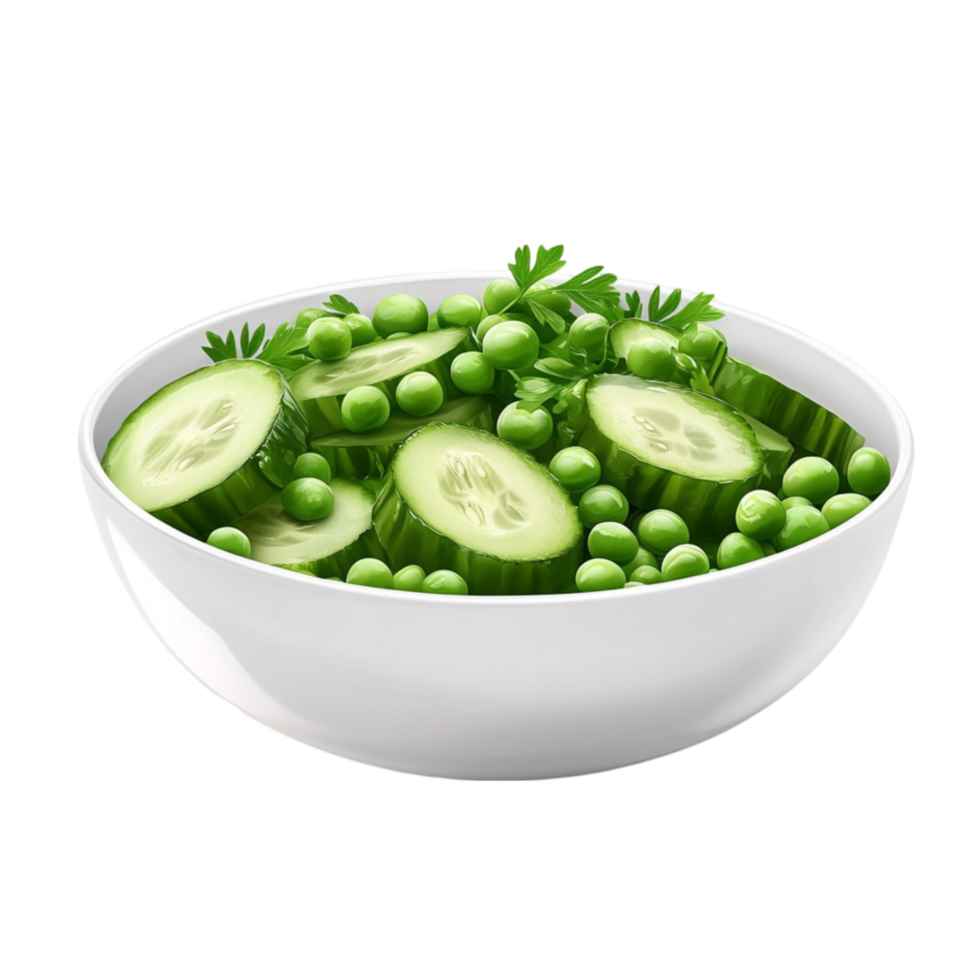 a bowl of peas and cucumbers on a transparent background. png
