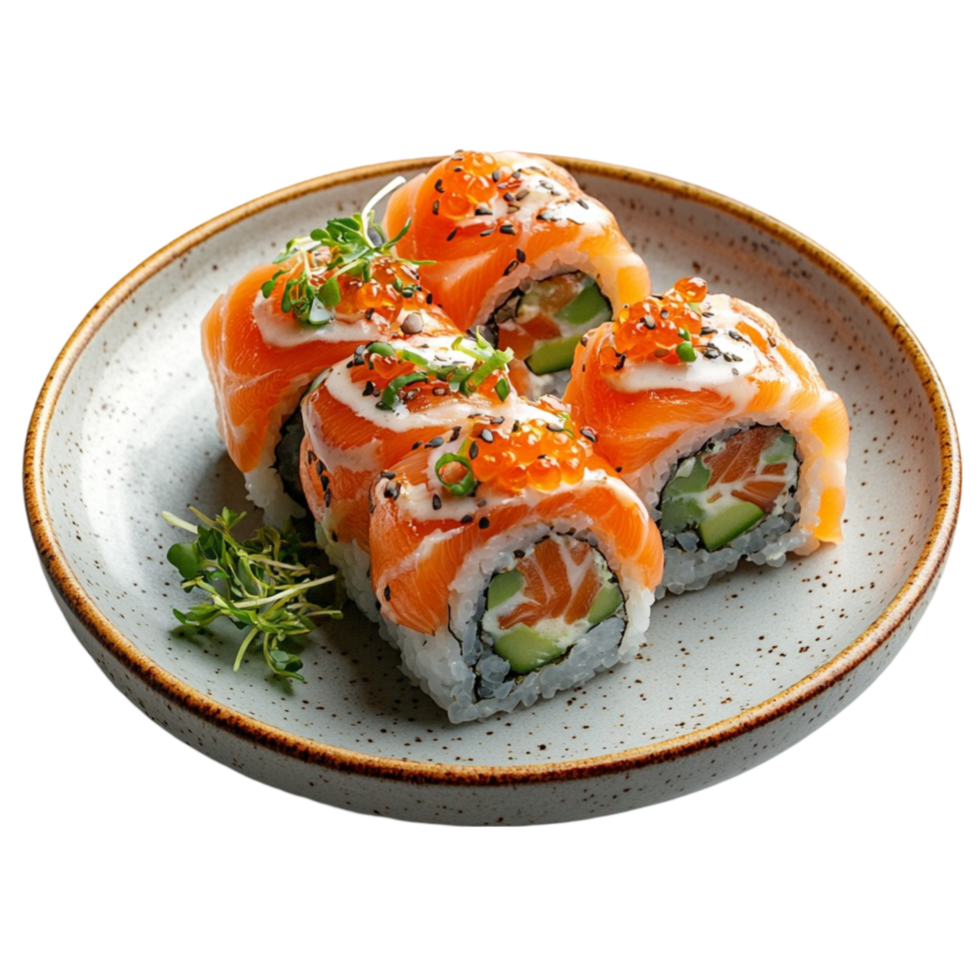 sushi roll on a plate with salmon and cucumber transparent background. png