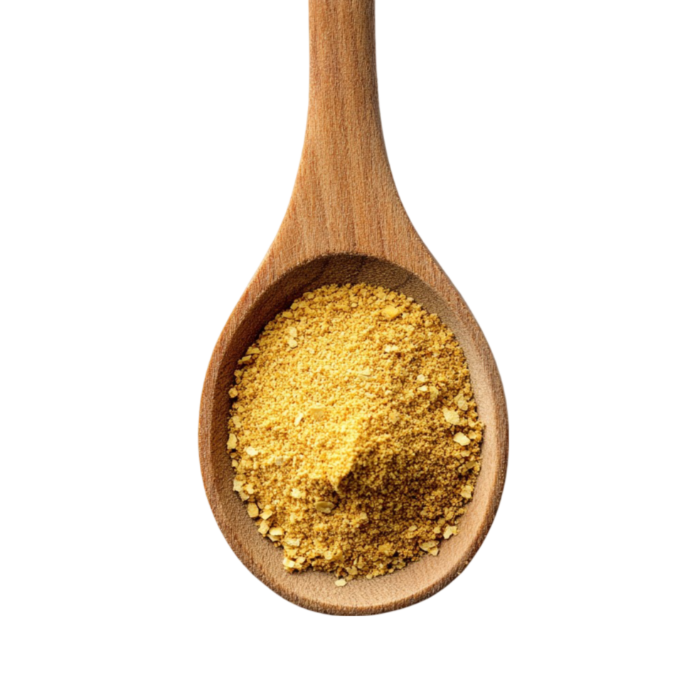 golden spice powder in wooden spoon on transparent background png
