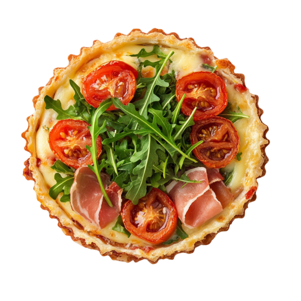 a quiche with ham, tomatoes and arugula transparent background. png