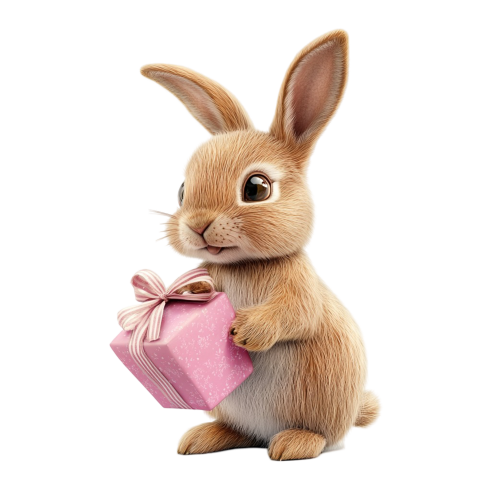 a cute bunny holding a pink gift box on a transparent background png