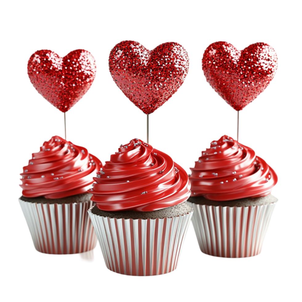 valentine's day cupcakes with red hearts on toptransparent background. png