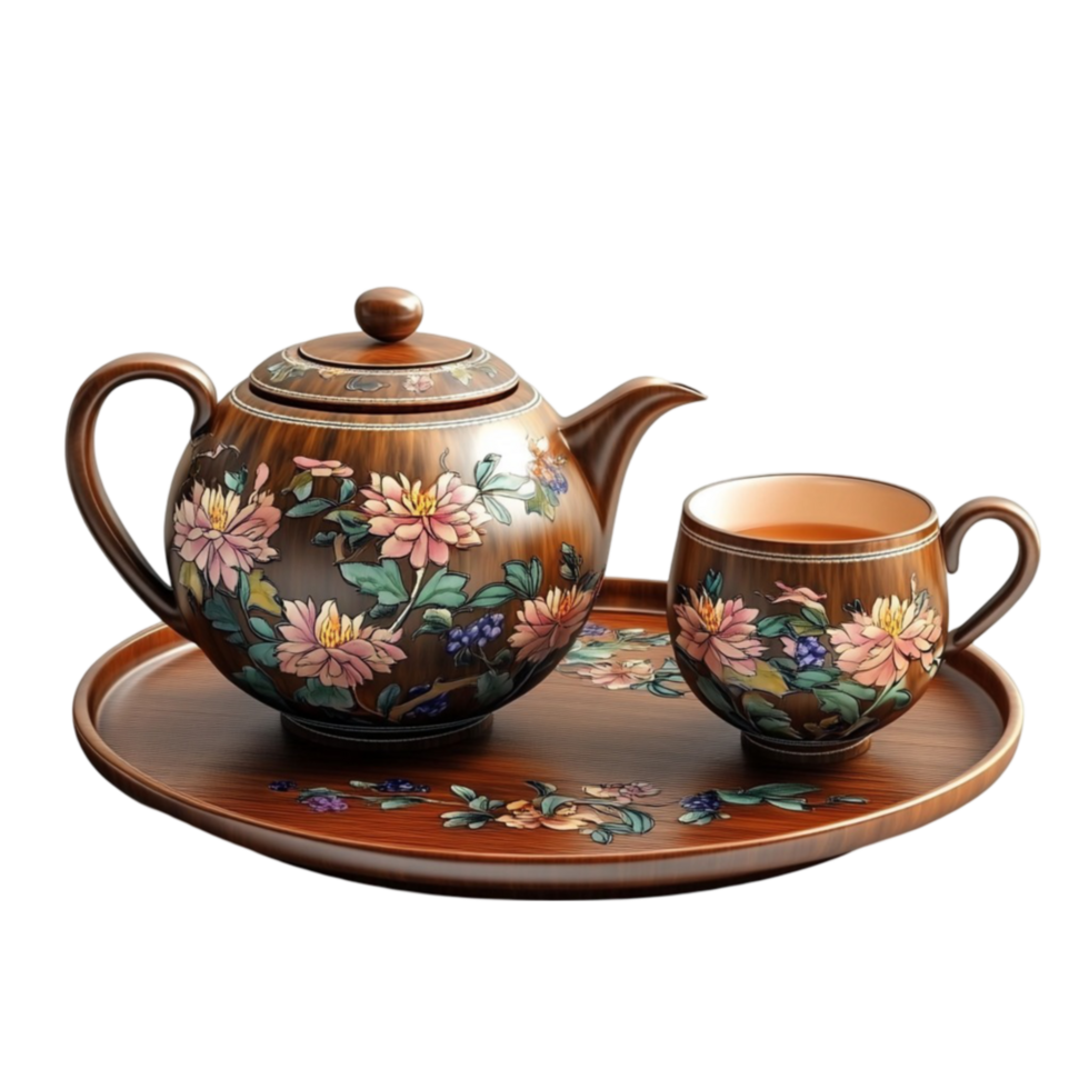 tea set with a teapot and cup on a tray transparent background. png