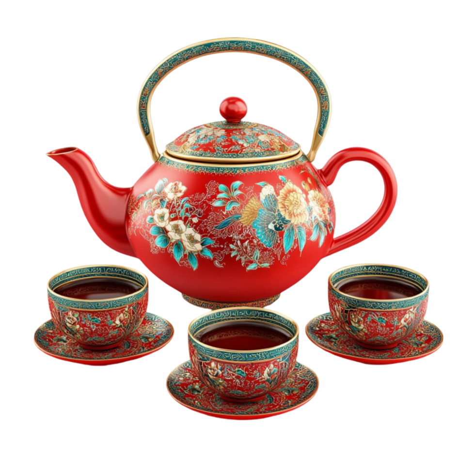 a red tea pot and two cups on a transparent background. png