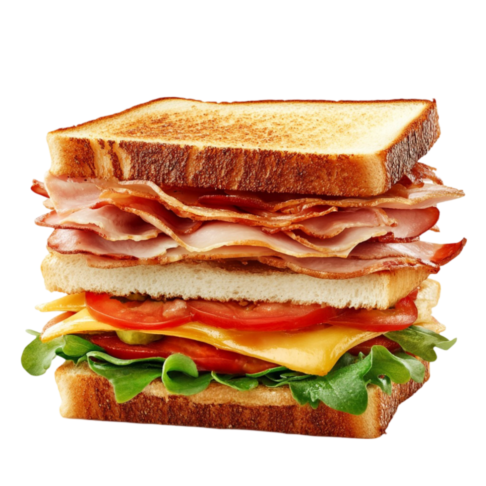 a sandwich with bacon, lettuce, tomato and cheese transparent background. png