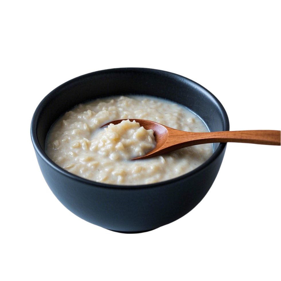 rice porridge in a bowl with a wooden spoon on a transparent background png