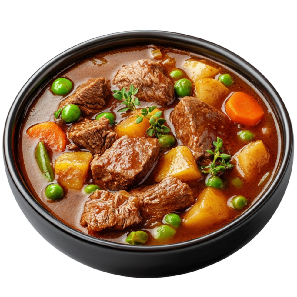 beef stew with potatoes and peas on a transparent background png
