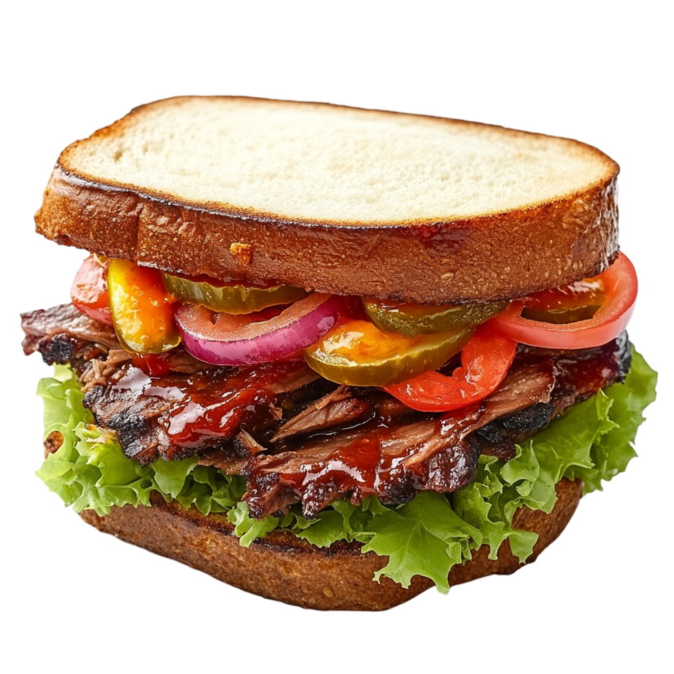 bbq sandwich with meat, lettuce, tomatoes and pickles transparent background png