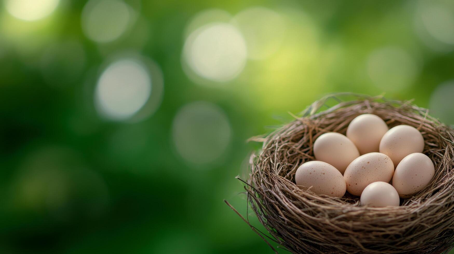 Nest with several pale eggs set against a blurred green background in natural surroundings photo