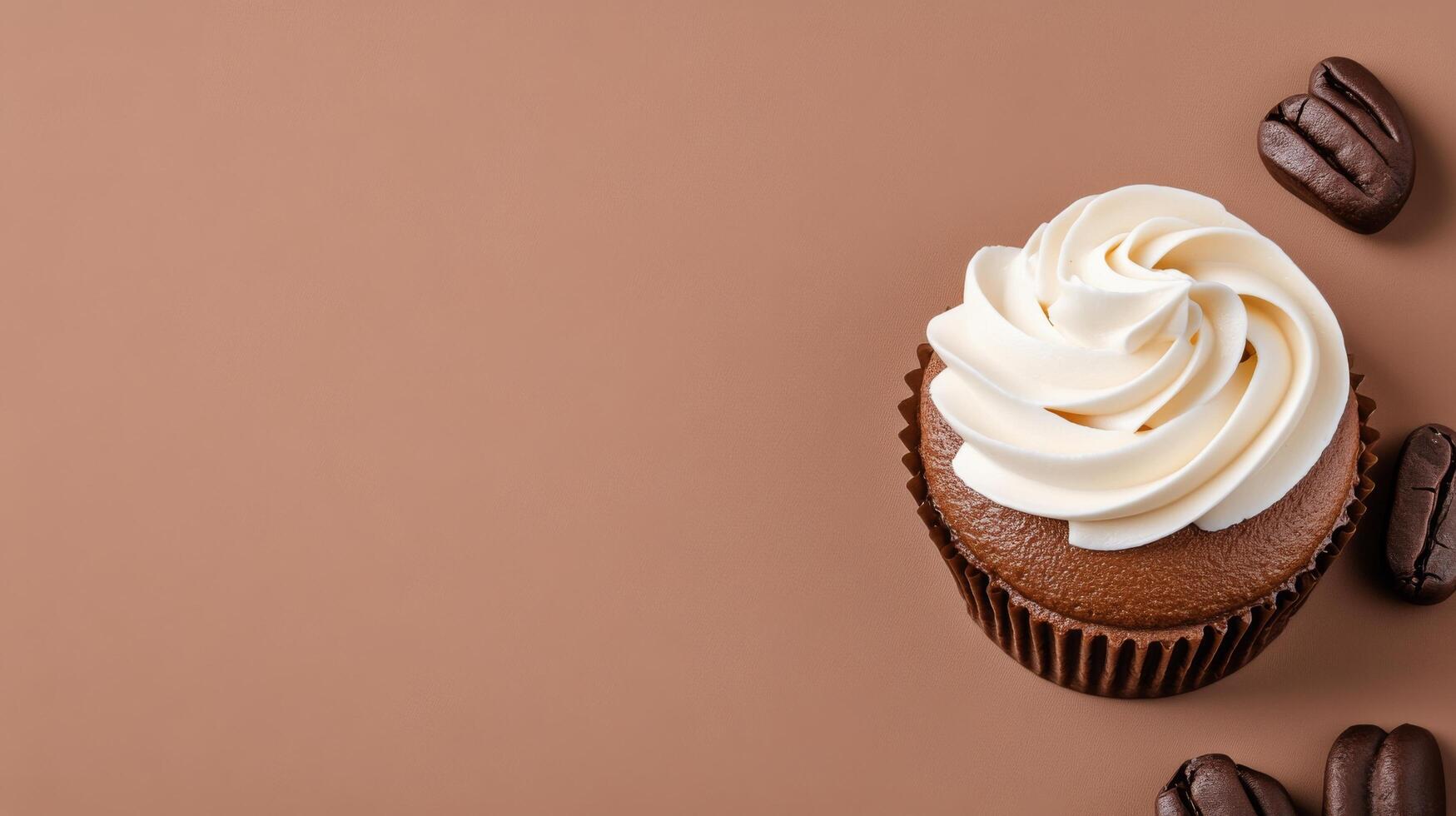 Chocolate cupcake with cream frosting and coffee beans on a smooth surface photo
