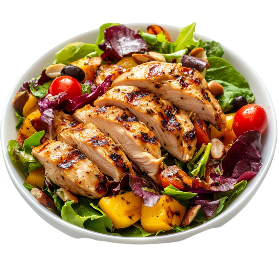 chicken salad with vegetables and tomatoes on a white plate Transparent Background. png
