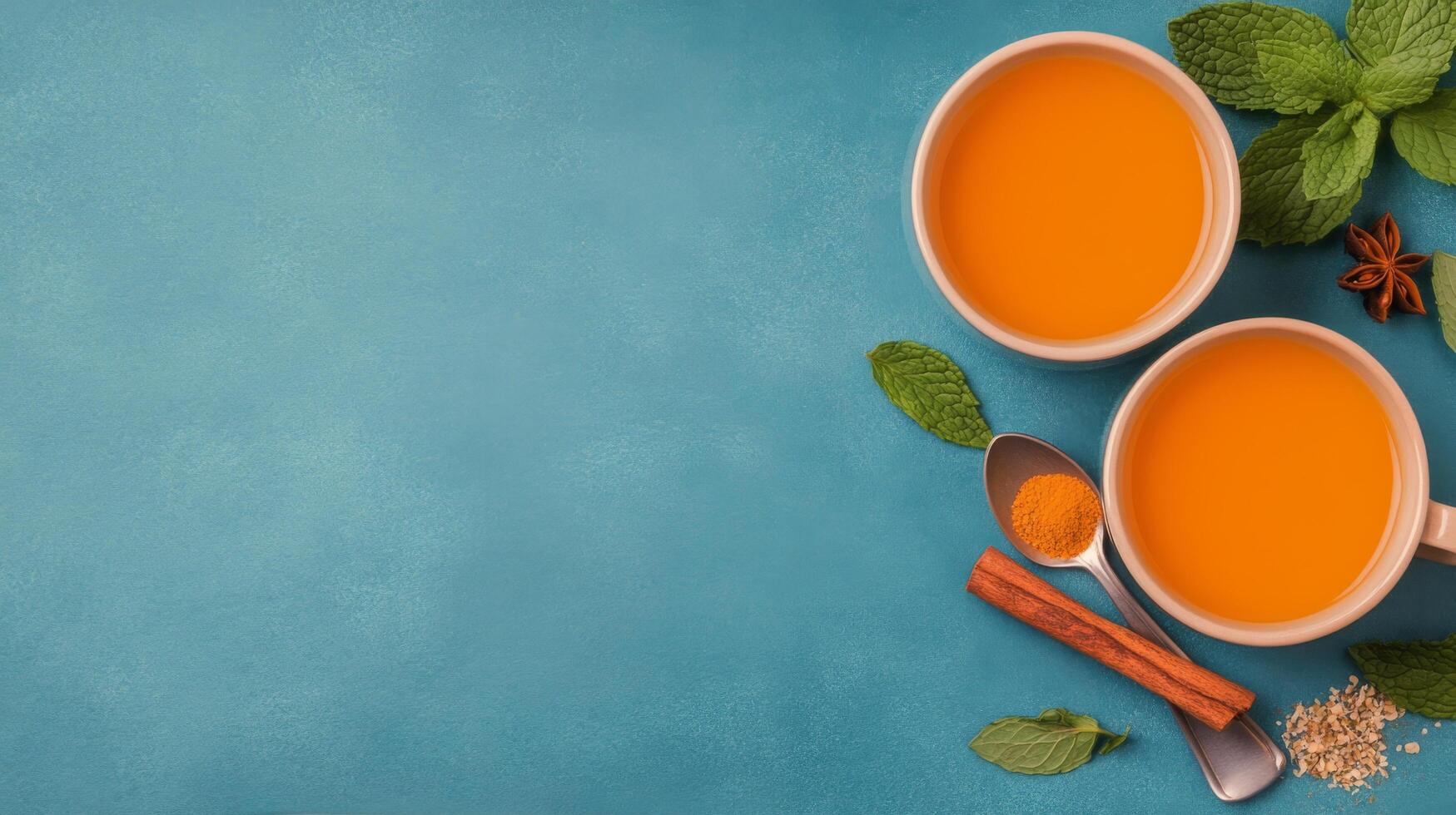 Warm turmeric tea with spices and fresh mint on a vibrant blue background photo