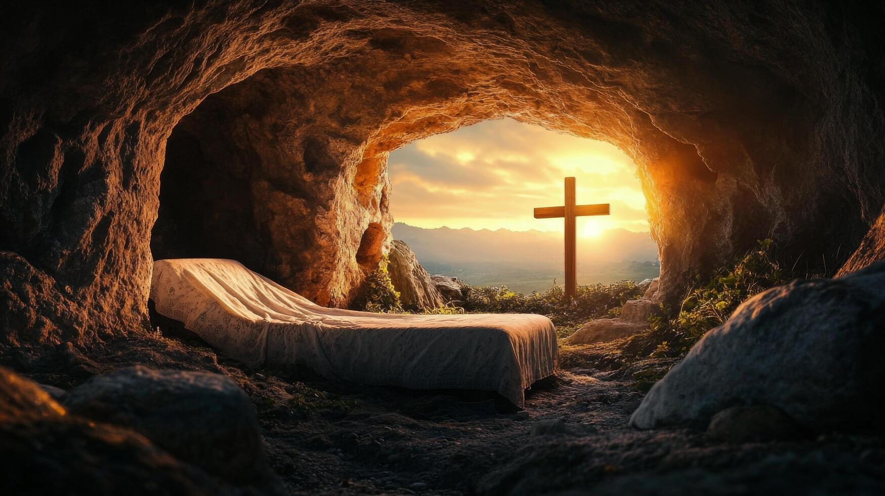 Peaceful cave setting with a cross illuminated by sunlight during the morning photo
