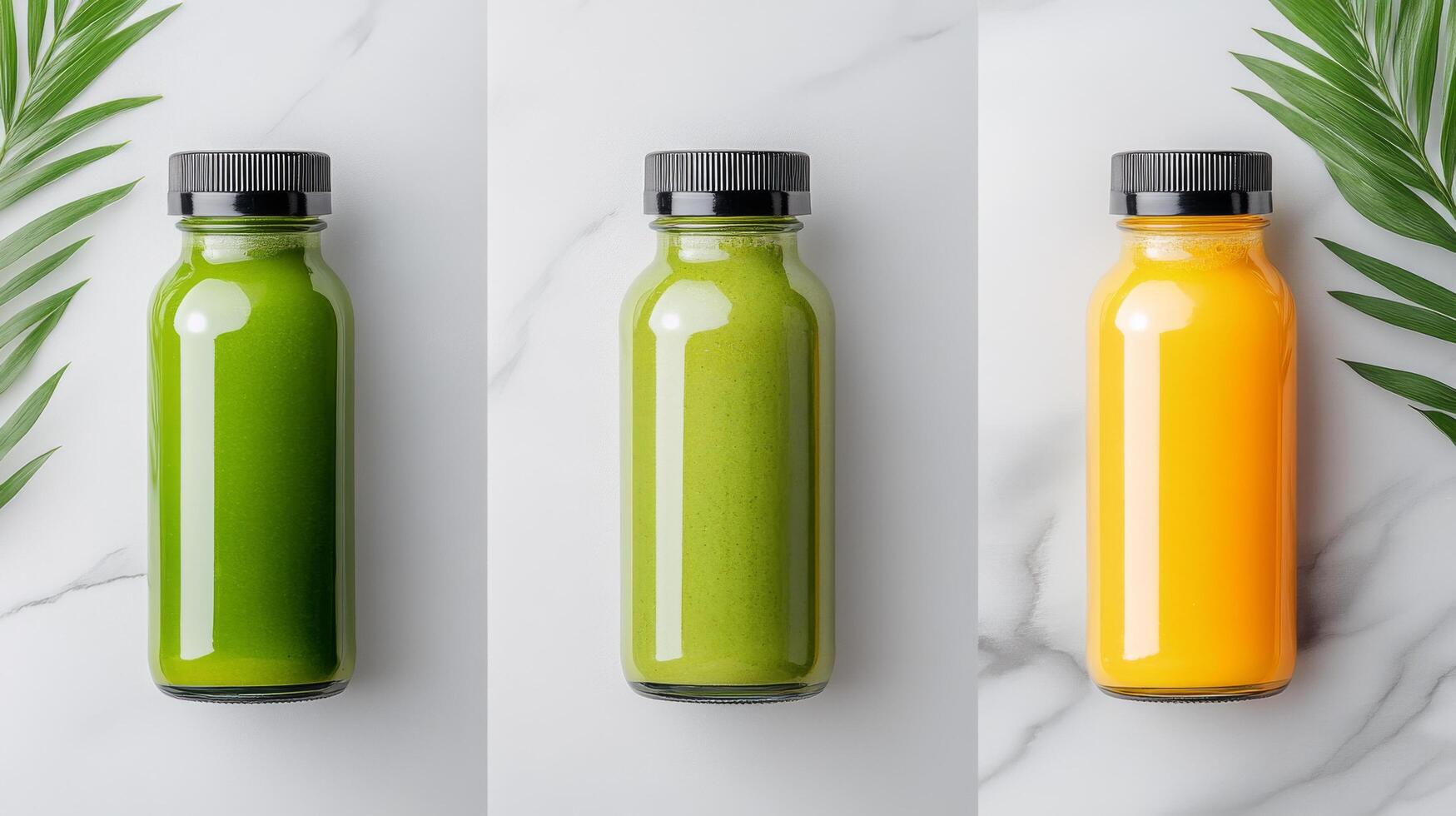 Freshly prepared juices in glass bottles lined up on a marble surface with garnishes photo