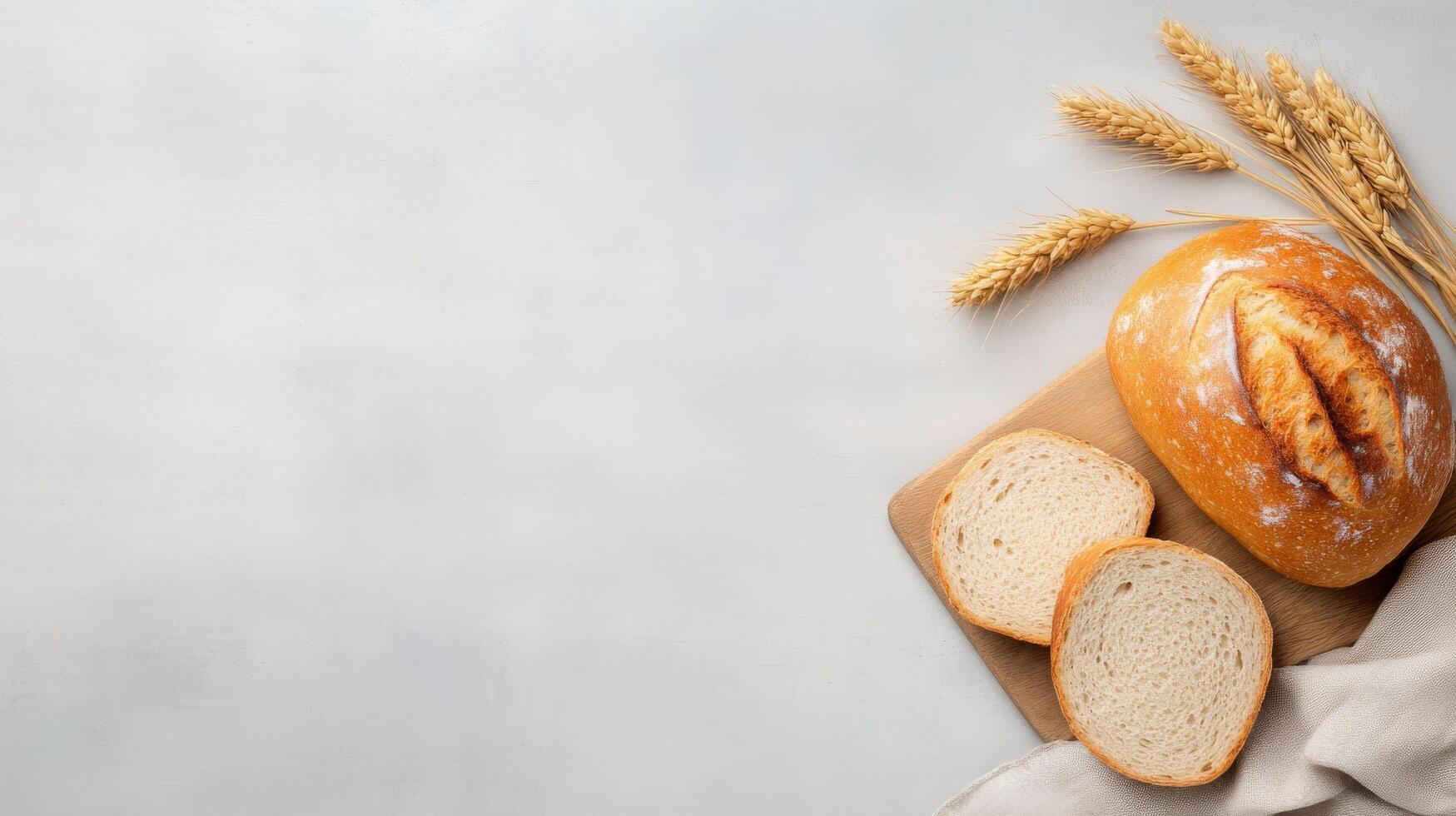 Freshly baked bread loaves arranged on a wooden cutting board with slices visible photo