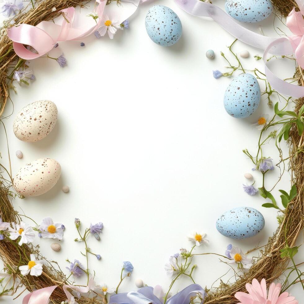 Decorative arrangement of pastel easter eggs and flowers with a blank card for messages photo