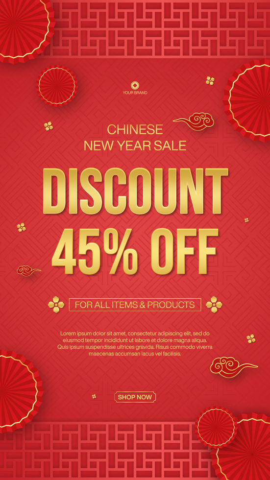 Chinese new year sale discount social media story template design in red background psd