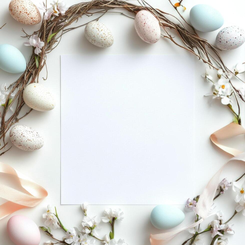 Decorative arrangement of pastel easter eggs and flowers with a blank card for messages photo