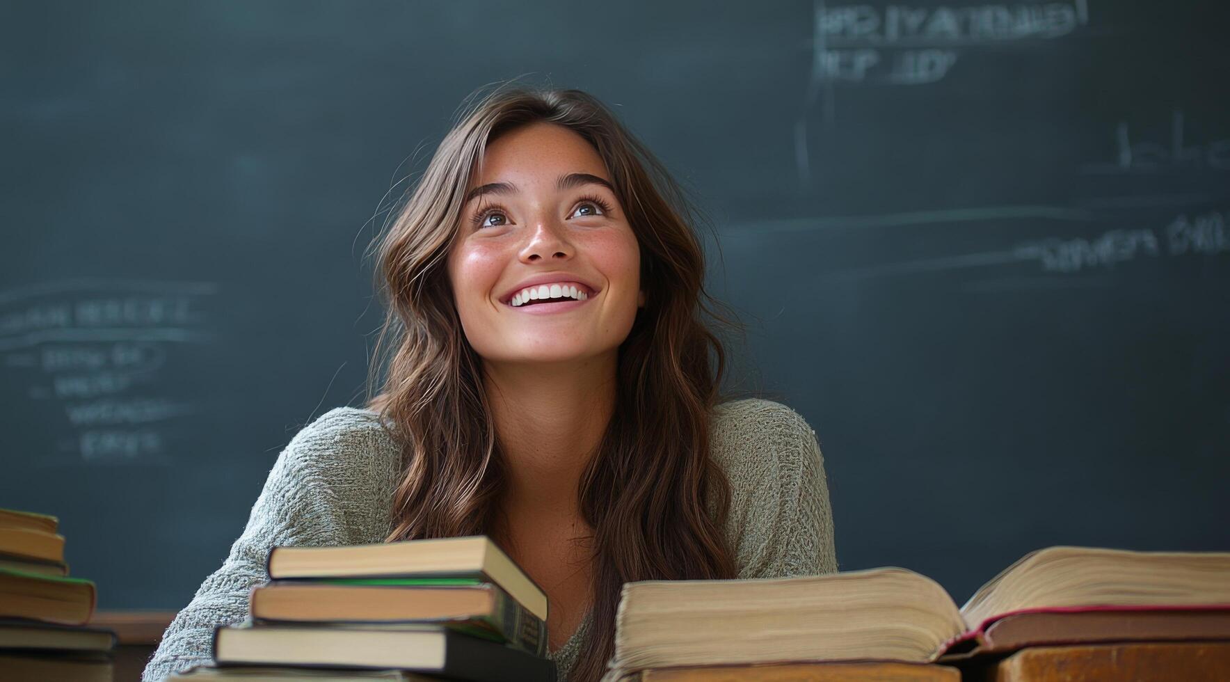 Young woman smiling in classroom filled with books during daytime learning activity photo