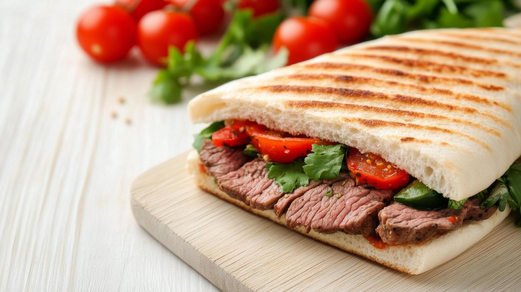 Delicious steak sandwiches with fresh vegetables and herbs served on a white plate photo