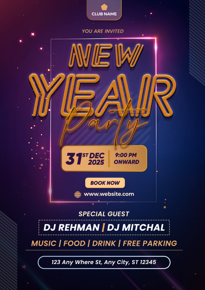 New year party invitation template design psd