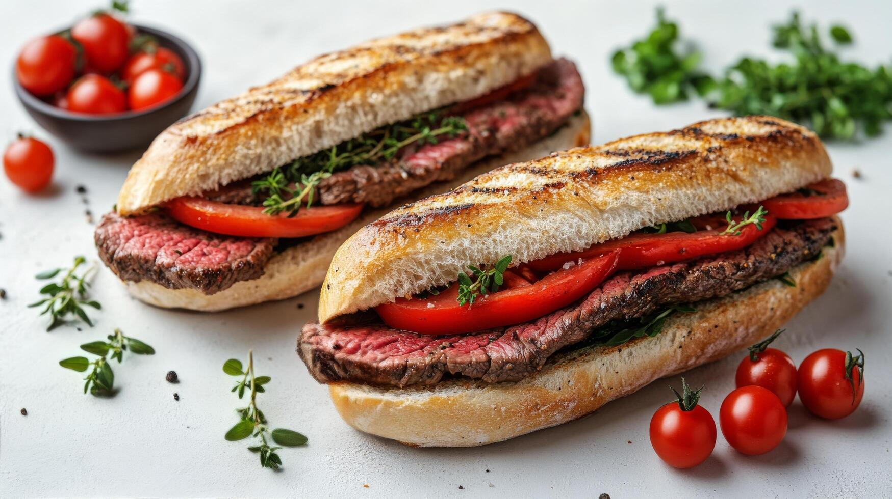 Delicious grilled steak sandwiches with fresh toppings served on a white background photo