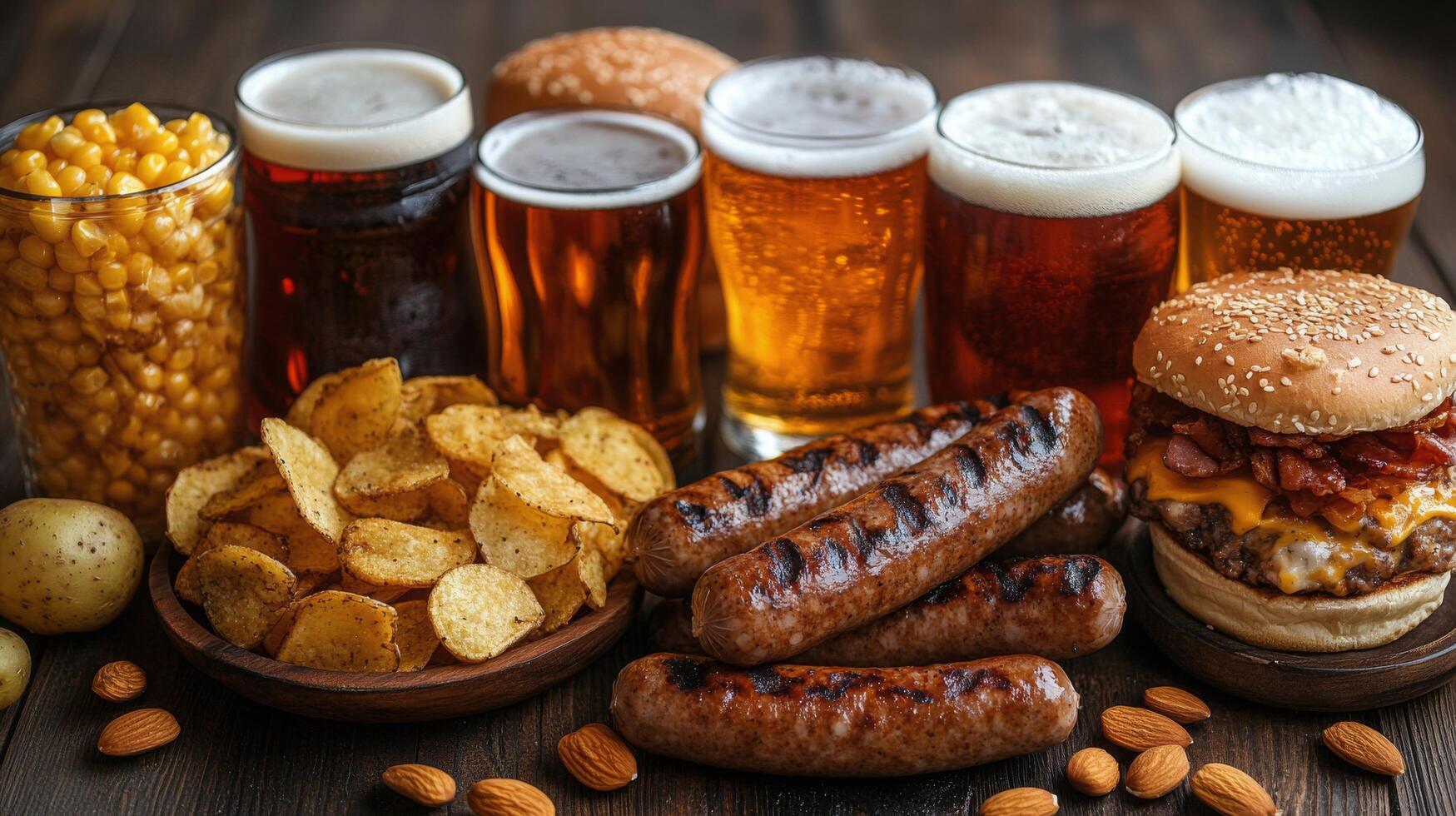 Delicious spread of grilled sausages, burger, snacks and drinks on rustic wooden table photo