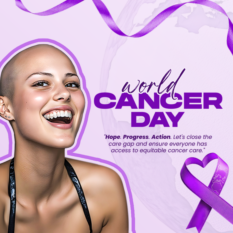 World cancer day poster design with cancer patient Inspiring Smile cancer day with purple ribbon psd