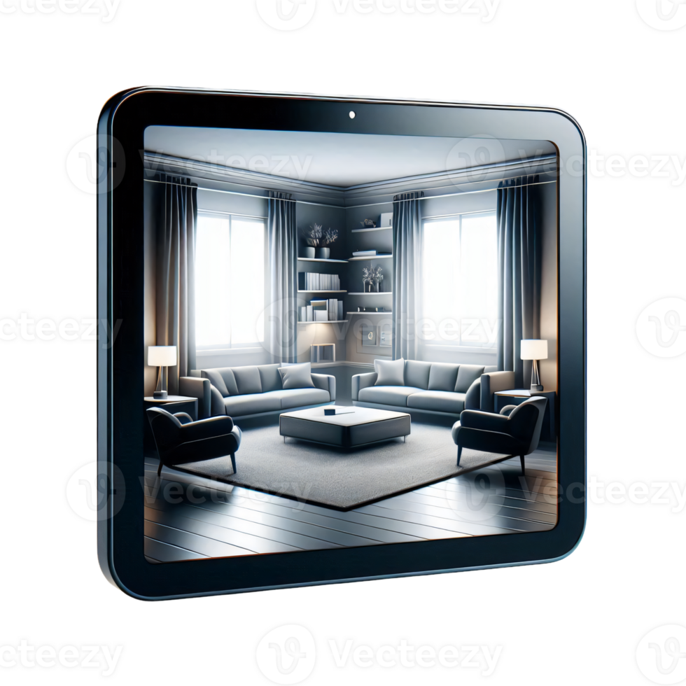 a tablet computer with a picture of a living room png