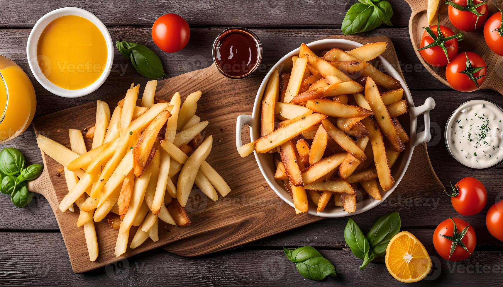 Delicious French Fries with Dips and Sides photo