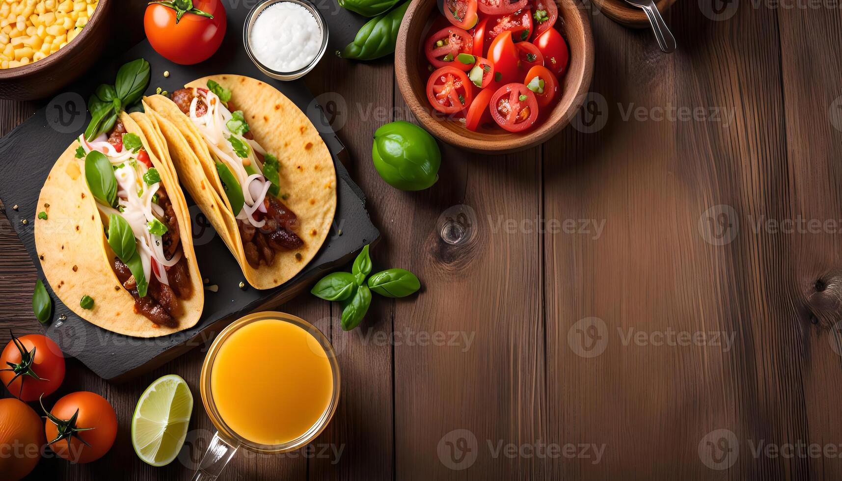 Two Tacos on a Wooden Background with Toppings photo