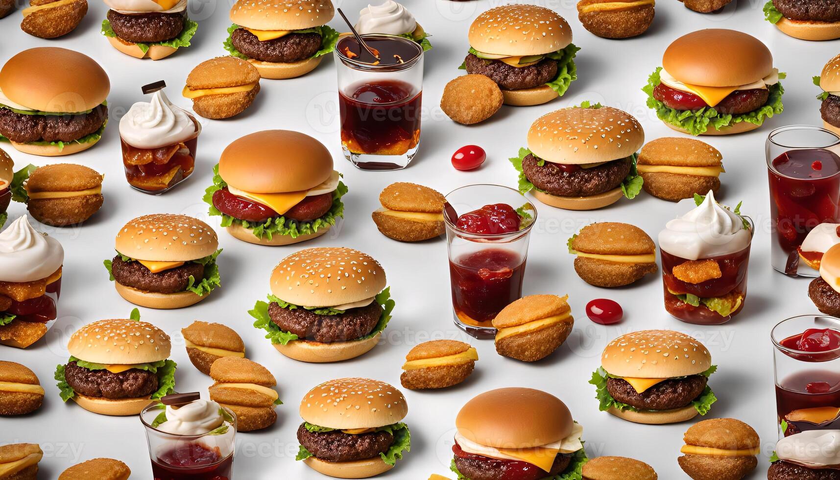 Fast Food Feast A Colorful Arrangement of Burgers and Sides photo