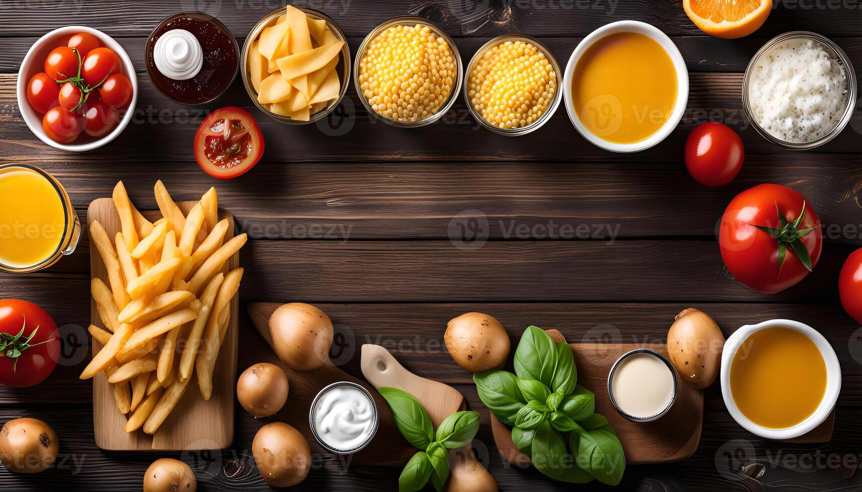 Food Photography Top View of Delicious Ingredients on Wooden Background photo